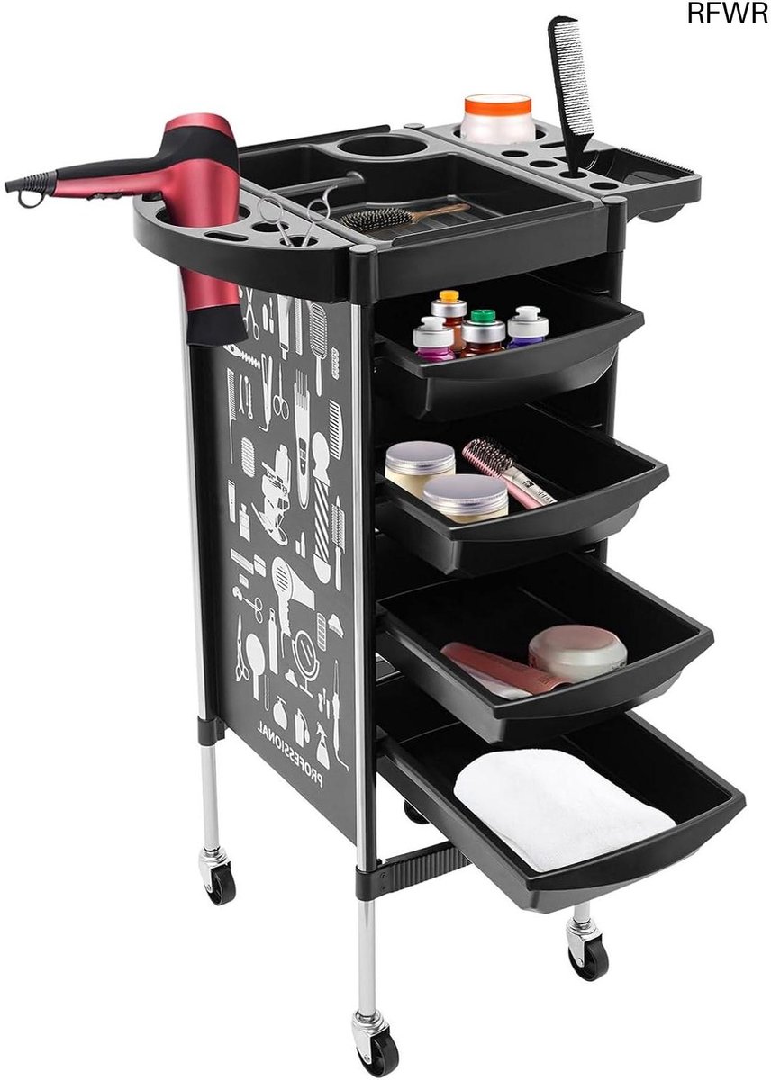 RFWR® Kapperwagen met 4 Laden en Wielen - Professionele Salon Hulp - Zwart