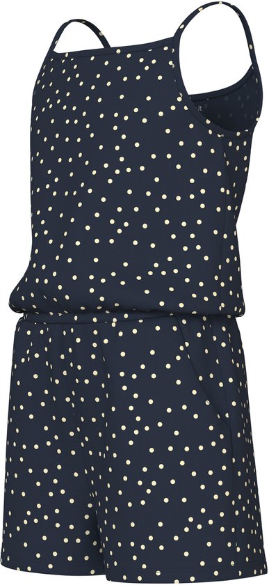 Donkerblauwe jumpsuit met beige stippen, spaghetti bandjes en elastische taille, van de zijkant bekeken.