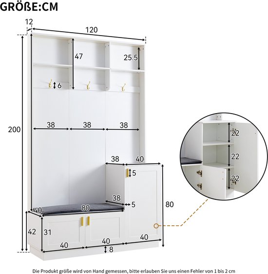 Ensemble de garde-robe Sweiko - Avec banc + étagère à chaussures - 3 crochets - 3 étagères - Wit