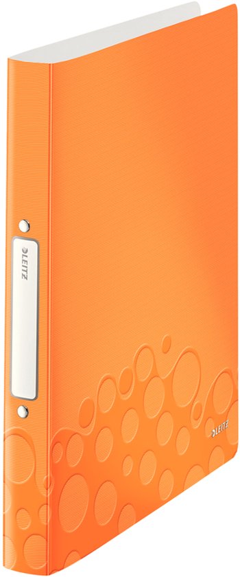 Oranje ringband met reliëf van bubbels, label en Leitz logo.