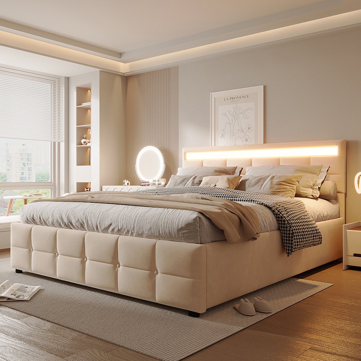 Pugsdrly Gestoffeerd bed 180*200 cm, led-lampjes, lattenbodem, hydraulisch eenpersoonsbed, Nederlands fluweel, beige
