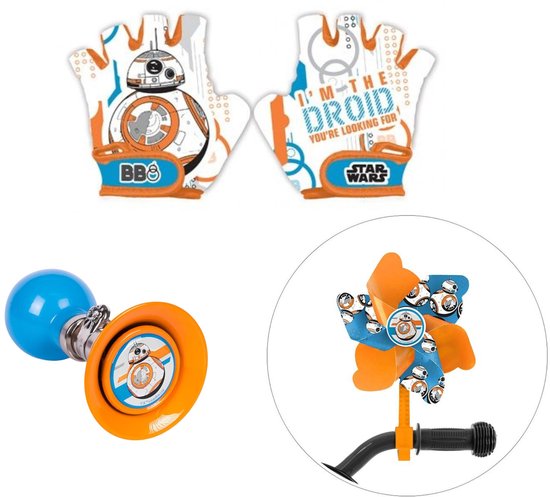 Witte Star Wars handschoenen met BB-8 print en 'I'm the droid you're looking for' tekst. Fietsbel en windmolen met BB-8 afbeelding.
