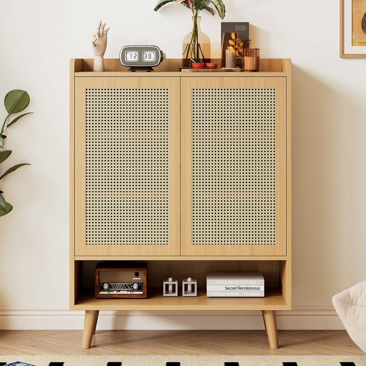 SINGULARITY Schoenenkast-Natuurlijk Rotan-Met 2 Deuren-5 Planken-Houten Handgrepen-Stevige Houten Poten-Maat: B80/H105/D35cm-Natuurlijk