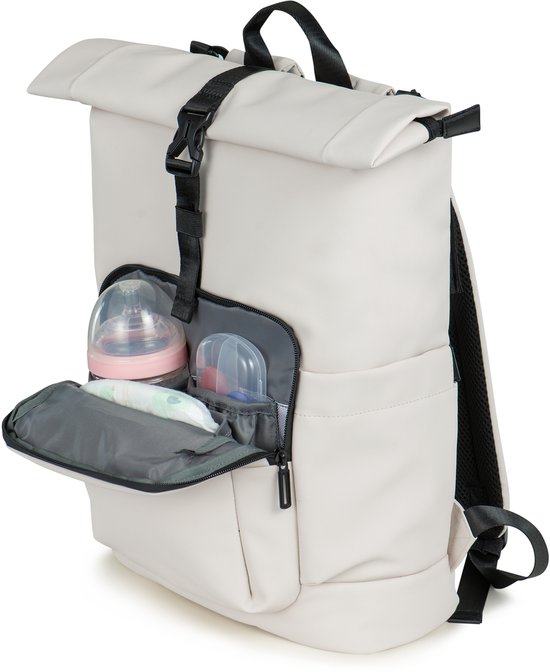 Baby Garden Luiertas Salerno - Luiertas Rugzak Rolltop - 20L tot 25L - Verstelbaar - Inclusief verschoonmatje & Kinderwagen Haken - licht gestippelde textuur - Beige van Baby Garden — afbeelding 2