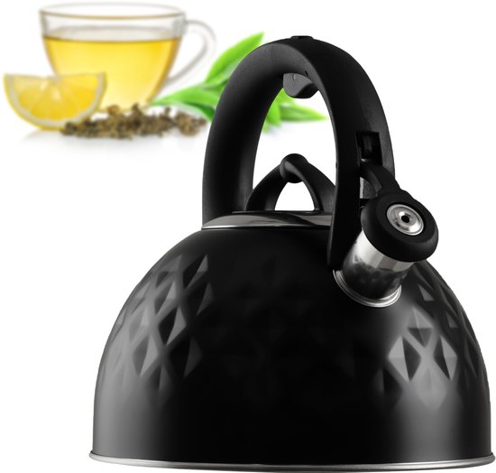 Bouilloire KADAX en acier inoxydable, bouilloire émaillée avec poignée, bouilloire à thé, bouilloire rétro pour toutes sources de chaleur, bouilloire à thé, bouilloire sifflante, bouilloire sifflante (noir, 2,5 l)
