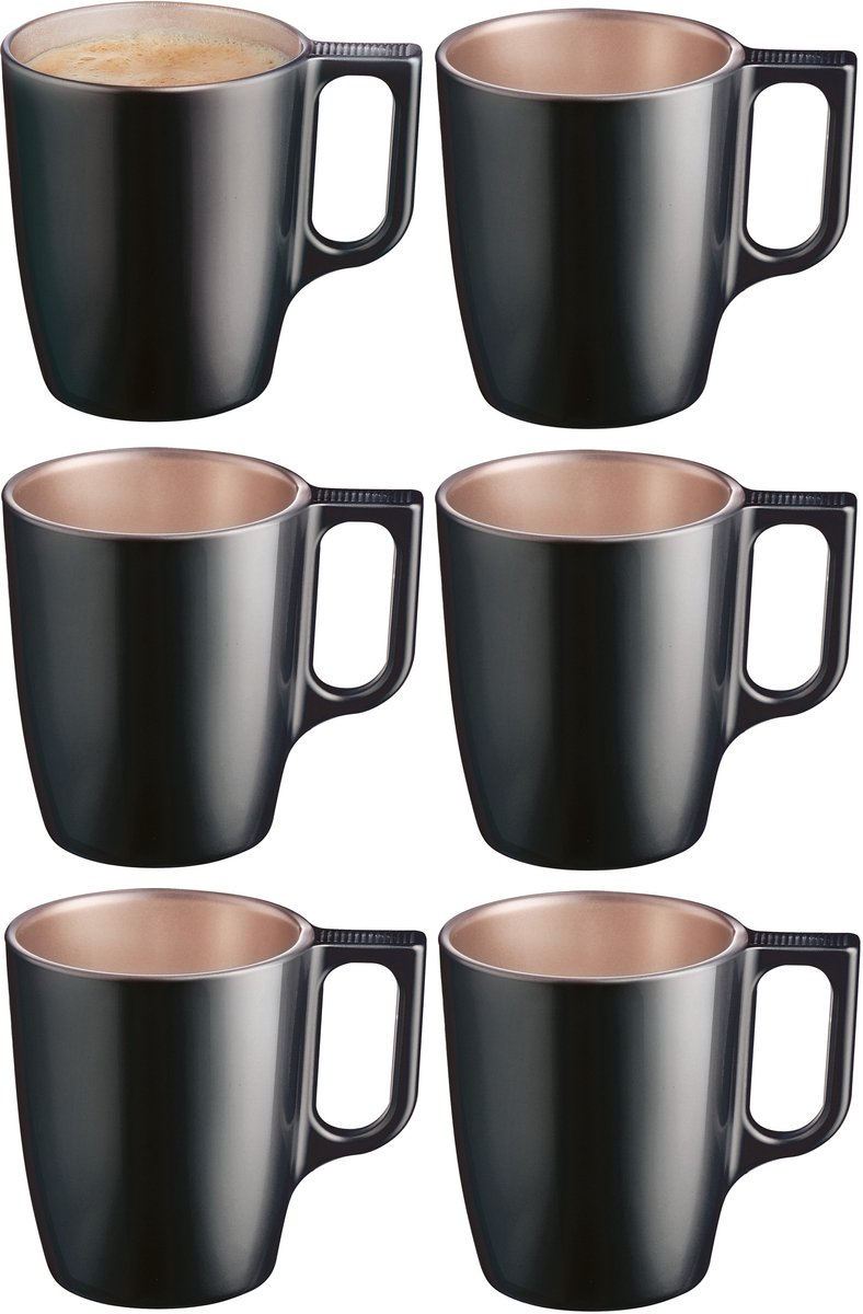 Luminarc Koffiemokken Monaco - 6x stuks - Hard Glas - zwart - 250 ml - 9 cm - Flashy metallic finish