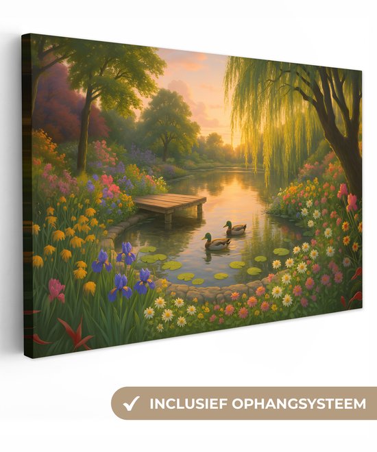 Canvas schilderij 120x80 cm - Exclusieve wanddecoratie Eenden - Vijver - Bloemen - Muurdecoratie woonkamer - Slaapkamer decoratie - Kamer accessoires - Schilderijen op canvas