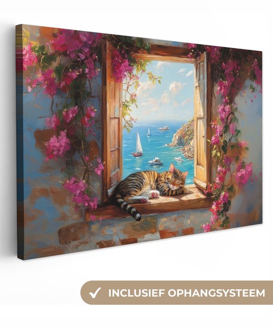 Canvas schilderij 30x20 cm - Exclusieve wanddecoratie Kat - Blauwe zee - Roze bloemen - Muurdecoratie woonkamer - Slaapkamer decoratie - Kamer accessoires - Schilderijen op canvas