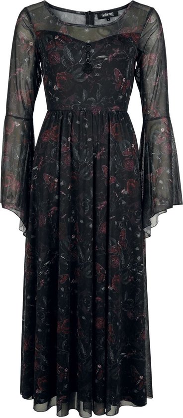 Gothicana Zwarte lange jurk met een all-over print en een pentagramhanger - Dames - L