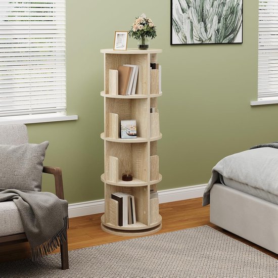 EUGAD Draaibare boekenkast, ruimteverdeler, staand rek, draairek, kantoorrek, decoratief rek, 360 graden vrij draaibaar, met 4 etages, MDF, wit, 40 x 129 x 40 cm