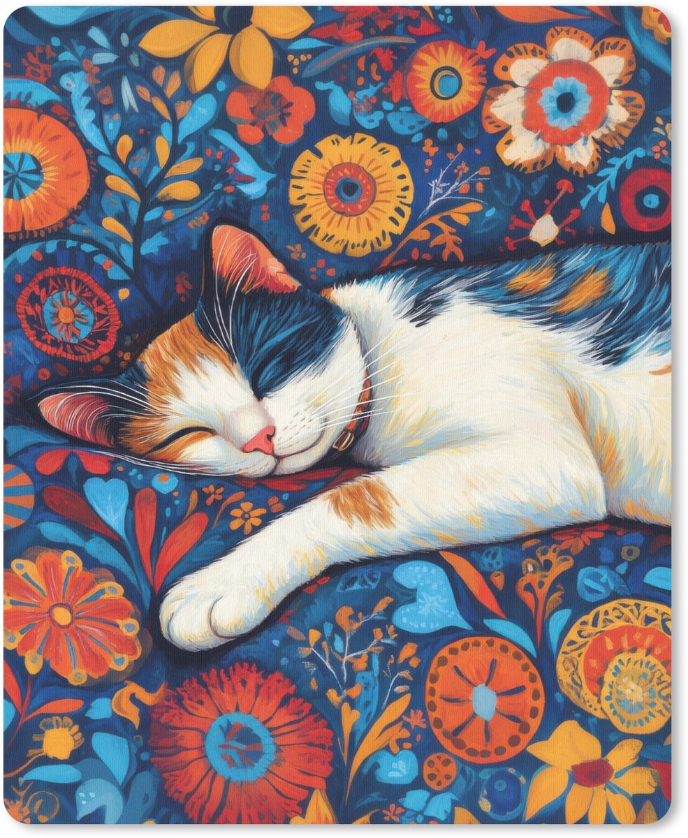 Muismat 19x23 cm - Mousepad Kat - Bloemenpatroon - Blauw - Oranje - Muismatten