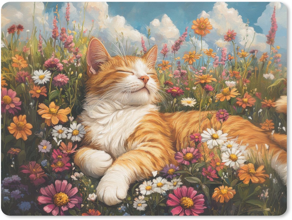 Muismat 23x19 cm - Mousepad Kat - Bloemen - Ontspannen - Muismatten