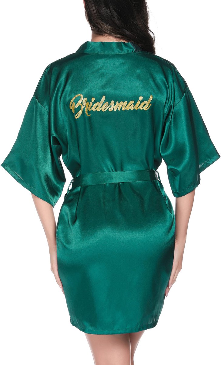 Dames Satijnen Kimono Robe - Met V-hals en ceintuur - Voor bruidsmeisjes op bruiloft - Donkergroen XL