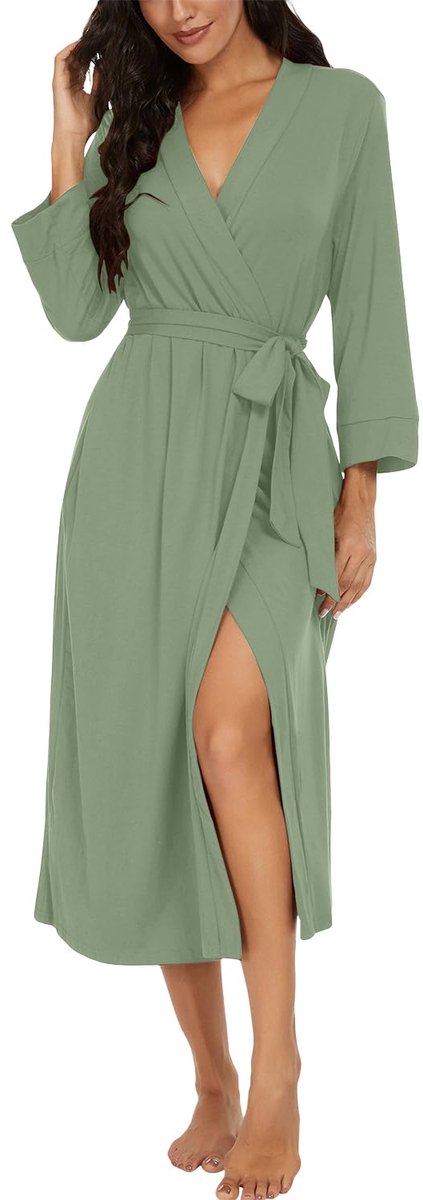 Dames Kimono Badjas - Lang, Gebreid met V-hals en 3/4 Mouwen - Voor Nachtkleding en Sauna - Lichtgroen, Maat M