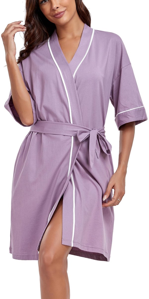 Dames Morgenjas Kimono - 100% Katoen - Lichtgewicht - Knie-lengte - Voor Sauna en Thuis - Taro Lila, Maat XL