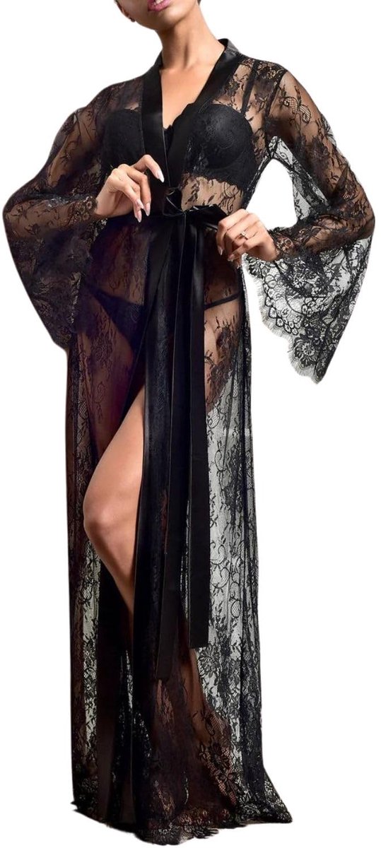 Dames Kimono Morgenjas - Kanten - Transparant - Met Satijnen Ceintuur - Lang - Zwart - Eén Maat