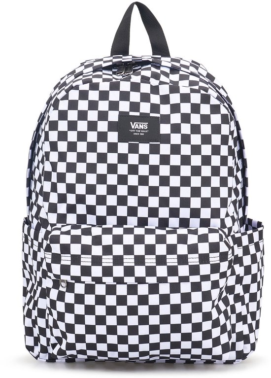 Zwarte en witte Vans rugzak met schaakbordpatroon. Met Vans logo op de voorkant.