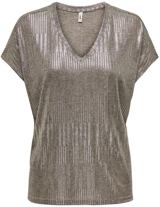 ONLY ONLMIRINDA S/S V-NECK TOP PRI JRS Dames Top - Humus Melange + Silver Metallic