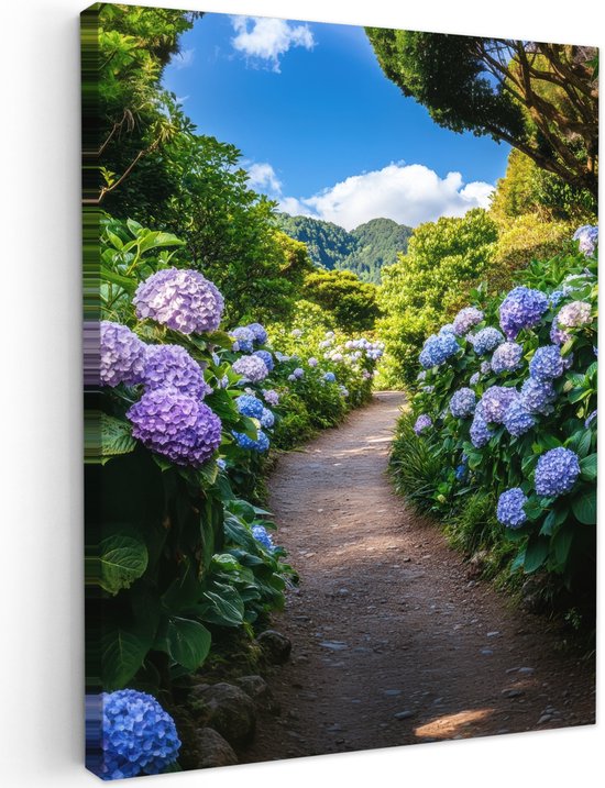 Tuinschilderij voor buiten 50x70 cm - Tuindecoratie Hortsensia - Pad - Bloemen - Tuinposter op canvas - Tuin muurdecoratie - Buitenschilderij decoratie - Schutting wanddecoratie - Buitencanvas