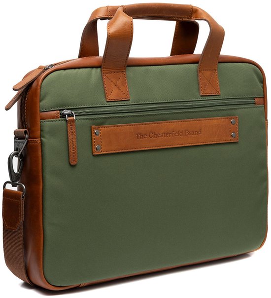 The Chesterfield Brand Borsa Falun Flapoverbag - Tracolla In Nylon E Pelle, Verde Oliva, Comparto Laptop 34x24 Cm, 41x28x10 Cm
