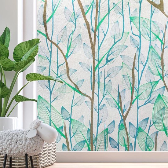 Runtoo Regenboog palmbladeren privacyfolie - 3D decoratieve vinyl gebrandschilderd glas plantenblad klampt zich vast, statische raamstickers, niet-klevende sticker, 30 x 100 cm
