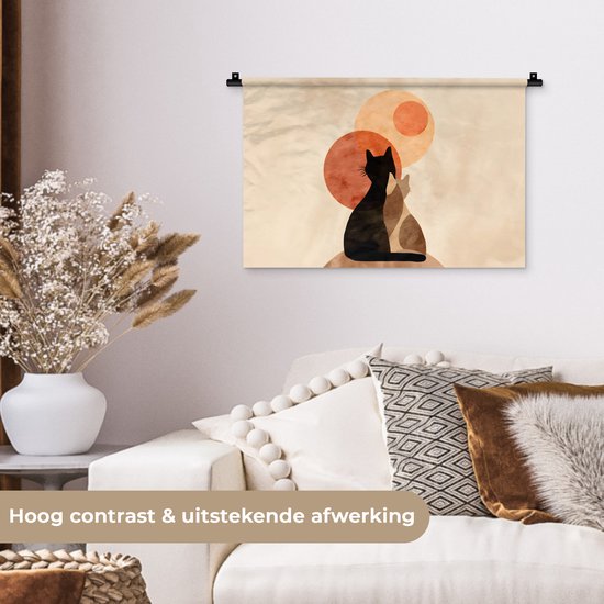 Wandkleed 60x40 cm - Wanddoek Katten - Zwart - Abstract - Cirkels - Wandtapijt - Wandkleden