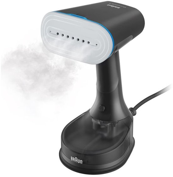 Zwarte Braun kledingstomer met blauwe accenten, die stoom afgeeft.