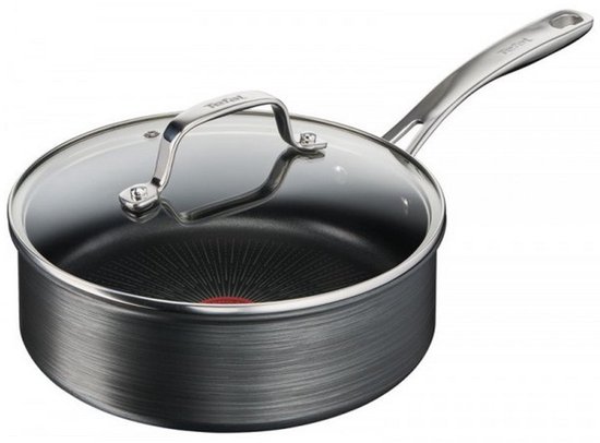 Tefal sauteerpan met antiaanbaklaag, 24cm, met glazen deksel en metalen handvat.