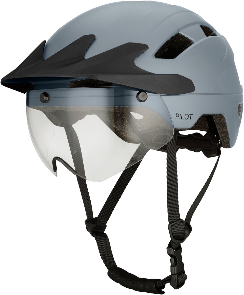 GOOFF® PILOT 4 in 1 speed pedelec helm met afneembaar vizier en regencap - transparant vizier - met richtingaanwijzer - NTA gecertificeerd speedpedelec helm - maat L grijs