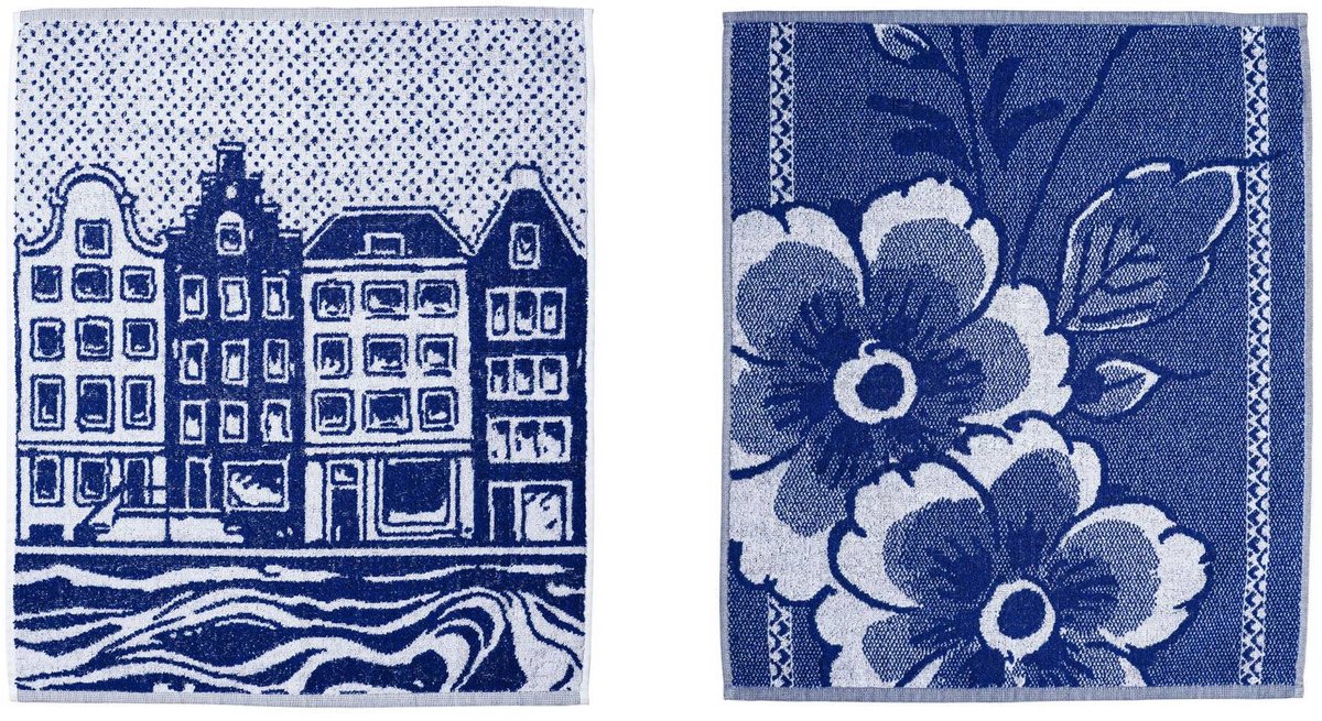 Heinen Delfts Blauw set van 2 keukendoeken theedoeken Bloem en Amsterdamse grachtenpandjes huisjes Katoen 50 x 55 cm