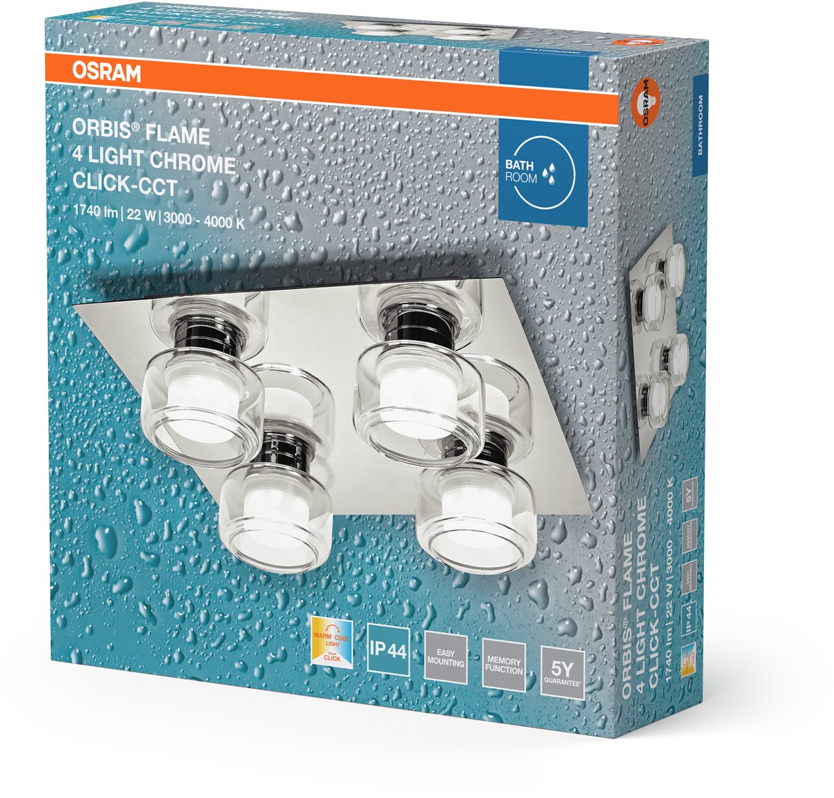 Osram ORBIS Flame wand- en plafondlamp met LED, chroom, 22W, 1400lm, 3000/4000K, kleurtemperatuur instelbaar via wandschakelaar (koud wit en warm wit), IP44 bescherming tegen vreemde voorwerpen en spatwater