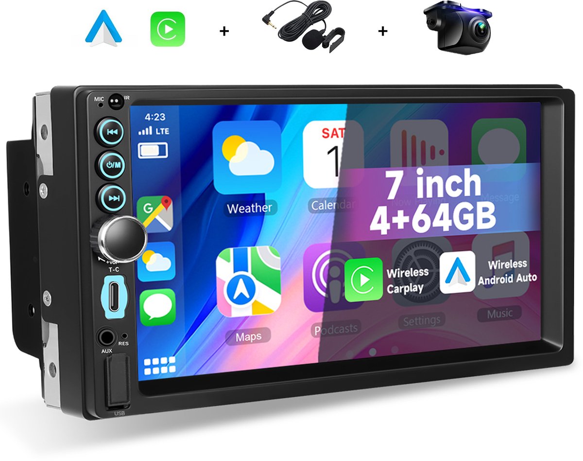 Boscer Autoradio 2Din Universeel - Android 15 - Apple Carplay & Android Auto (Draadloos) - 7 Inch HD Touchscreen - 4+64GB - GPS Navigatiesysteem - USB, USB-C, Aux, SD, WiFi, Bluetooth - MP5 - Achteruitrijcamera & Microfoon