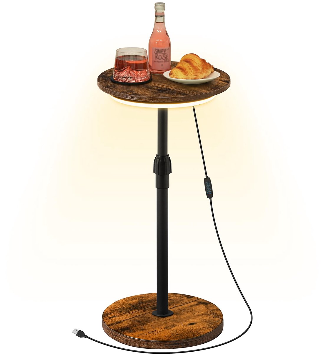 Ibenzoa® Ronde, in hoogte verstelbare bijzettafel met LED-verlichting en antislip onderzetters voor kleine ruimtes