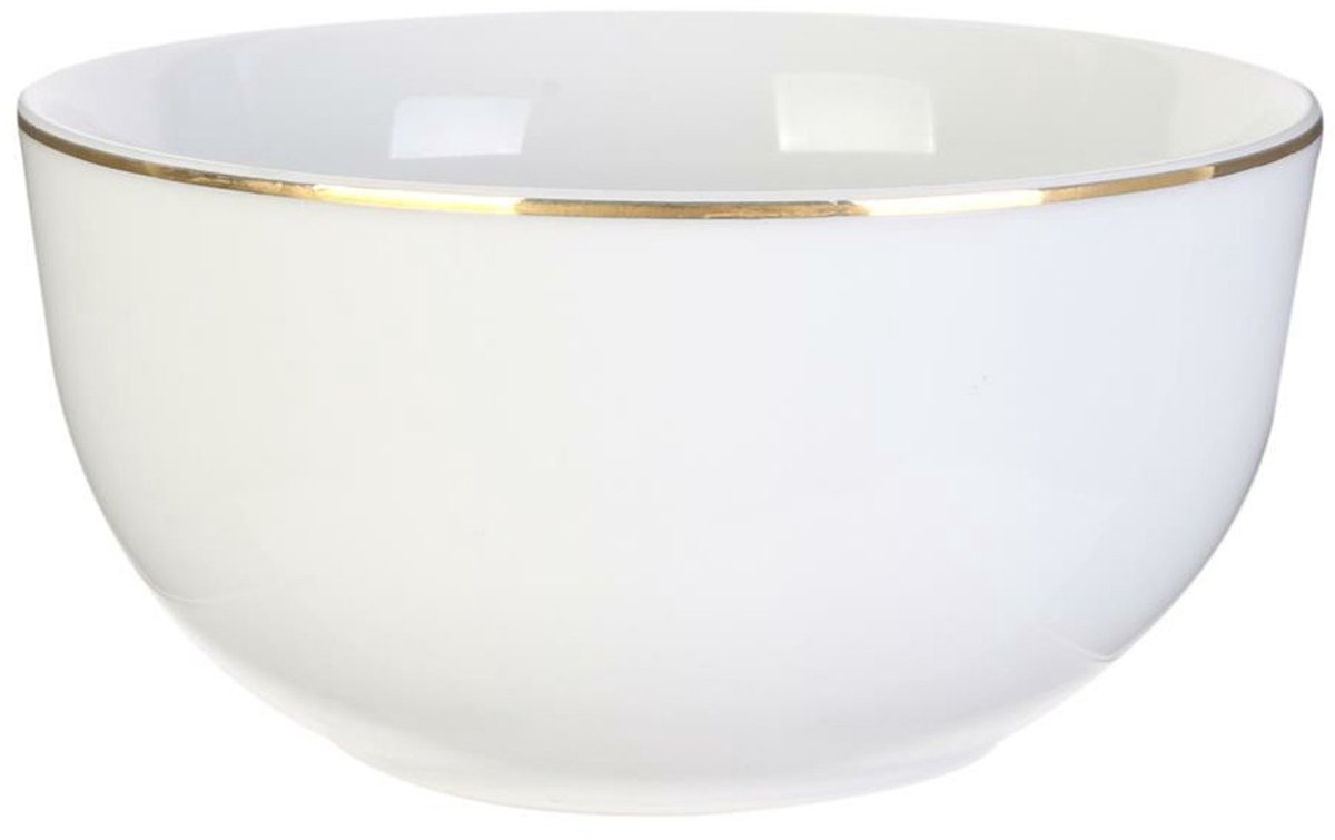 Home Deco Factory Kommetje/serveer schaaltje - wit met gouden rand - D14 x 7 cm - porselein - ontbijt/hapjes - stapelbaar - Soepkommen