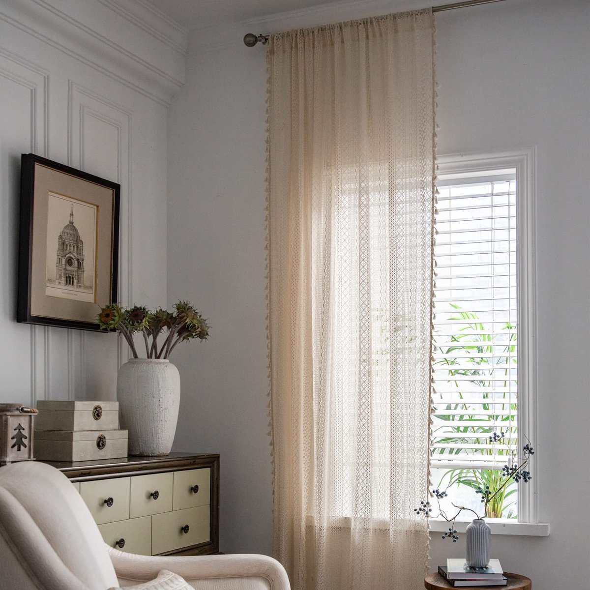 Ibenzoa® Handgemaakt Boheems Gordijn met Gehaakte Kwastjes en Semi-Sheer Kanten Design voor Stijlvolle Kamers