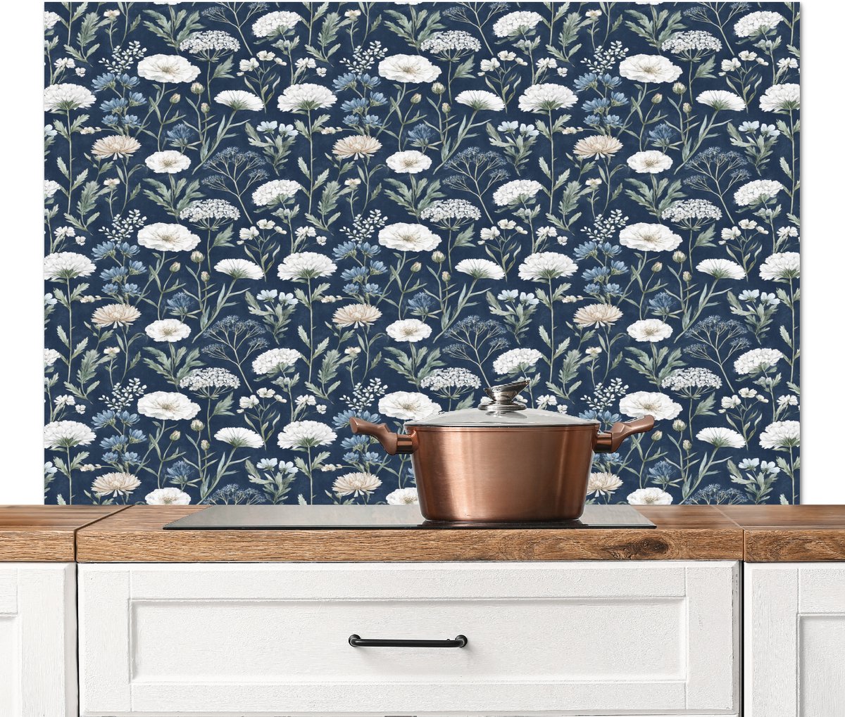 Spatscherm keuken 120x80 cm - Kookplaat achterwand Nautisch - Chic - Bloemen - Wit - Blauw - Muurbeschermer - Spatwand fornuis - Hoogwaardig aluminium