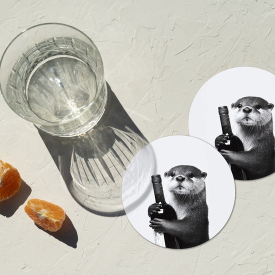 Sous-verres de verre ronds pour bouteilles de vin - Motif loutre - Zwart - 10 x 10 cm - Lot de 6