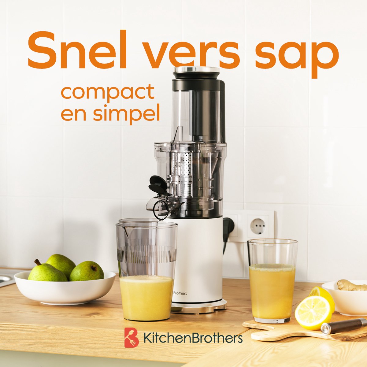 KitchenBrothers Slowjuicer - Sapcentrifuge - Verticaal - Juicer - Groenten en Fruitpers - 80 mm - 750 ml - Pearl White / Wit thumbnail 2