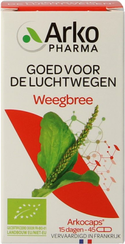 Doosje Arko Pharma Weegbree, met afbeelding van een smalle weegbreeplant en organisch EU-landbouw logo.