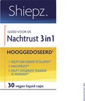 Shiepz Nachtrust 3 in 1, hooggedoseerd. Omschrijving: Helpt om lekker te slapen, nachtrust, uitgerust wakker worden. 30 vegan liquid caps.