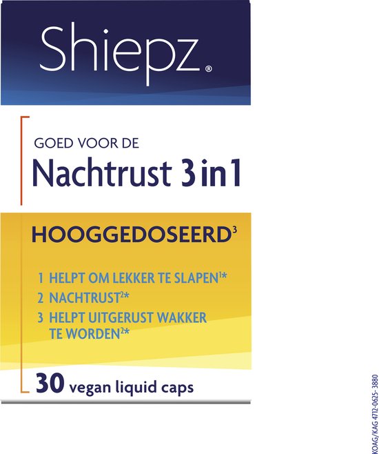 Shiepz Nachtrust 3 in 1, hooggedoseerd. Omschrijving: Helpt om lekker te slapen, nachtrust, uitgerust wakker worden. 30 vegan liquid caps.
