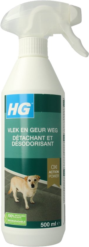 Witte spuitfles met het HG logo, 'Vlek en geur weg voor honden', een hond en 'Oxi Action Power'.