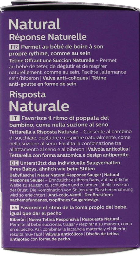 Doos van Philips Avent babyfles met Natural Response speen en informatie over de verschillende flows.