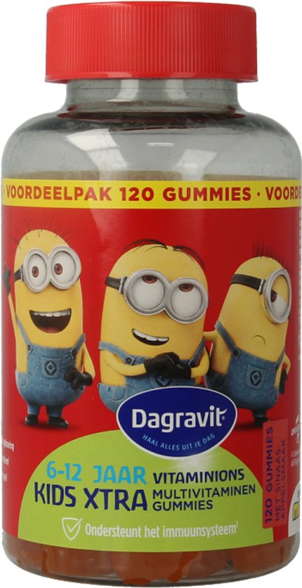 Pot met 120 Dagravit Kids Xtra multivitamine gummies voor 6-12 jaar, met Minions.
