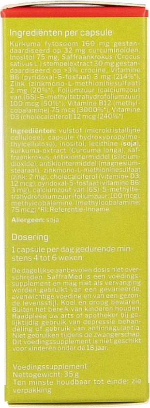 Achterkant van de verpakking met ingrediënten en dosering.