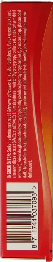 Zijkant van Valdispert verpakking met ingrediënten en barcode.