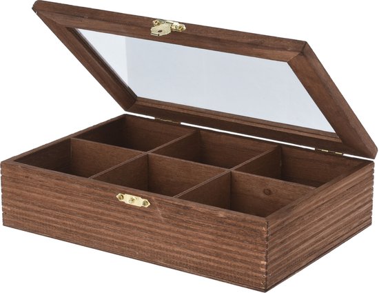 Bellatio Decorations Theedoos - 6-vaks - bruin - hout - 24x16x6 cm - theekist - theezakjes doos