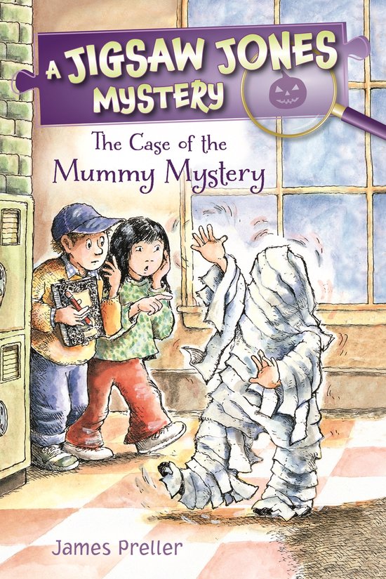 Twee kinderen kijken verrast naar een verklede mummie. Titel: A Jigsaw Jones Mystery: The Case of the Mummy Mystery.