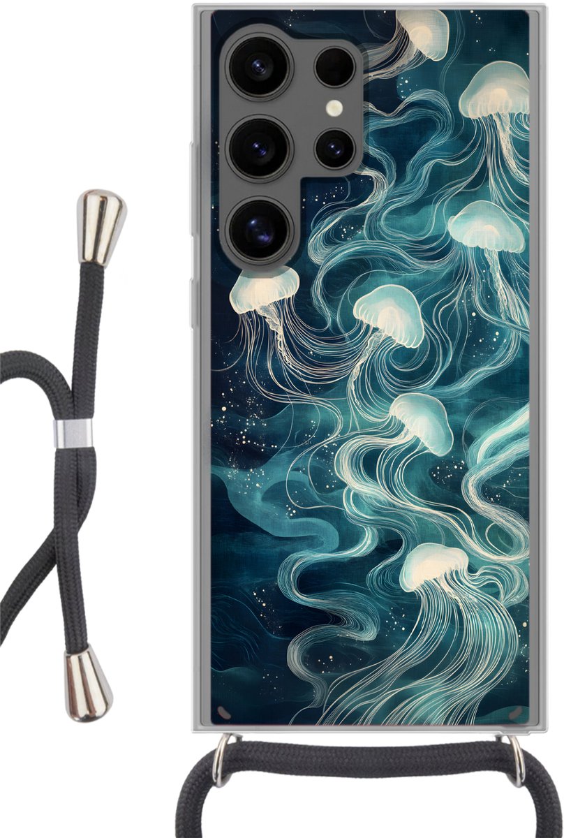 Telefoonhoesje Geschikt voor Samsung Galaxy S24 Ultra - Kwallen - Zee - Wit - Golven - Siliconen - Crossbody - Backcover met Koord - Telefoonhoesje met koord - Hoesje met touw Telefoonhoesje