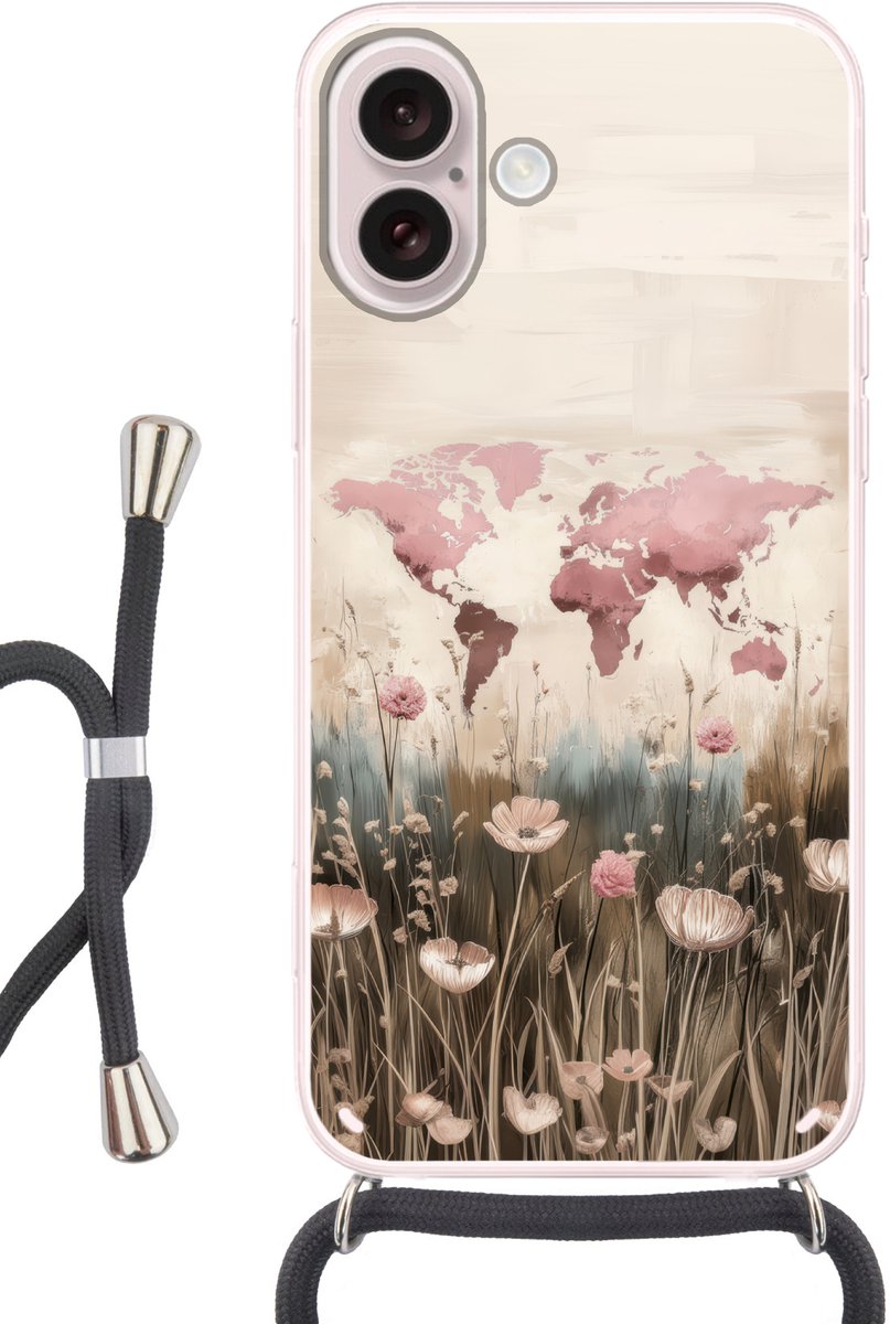Telefoonhoesje Geschikt voor iPhone 16 - Wereldkaart - Roze - Bloemen - Siliconen - Crossbody - Backcover met Koord - Telefoonhoesje met koord - Hoesje met touw Telefoonhoesje
